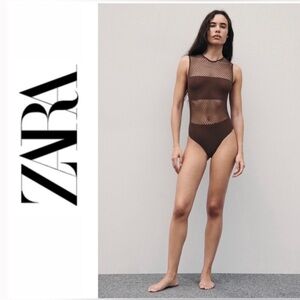 NWT - Zara Brown Net Sleeveless Bodysuit - Size XS/S